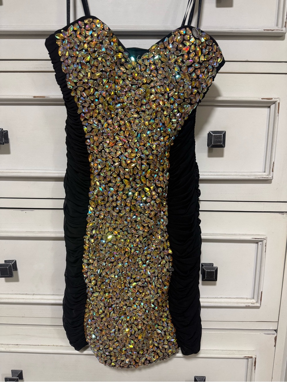 La Femme Size 2 Black Crystal Rhinestone Ruched Mini Dress